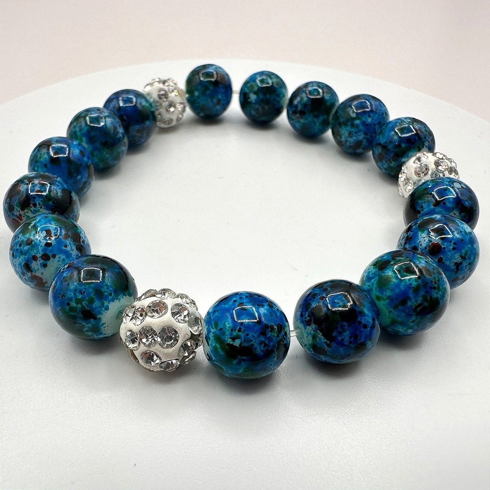 Vintage 90s Shattuckite Beaded Bracelet Blue Gemstone Healing Amulet‎ Jewelry